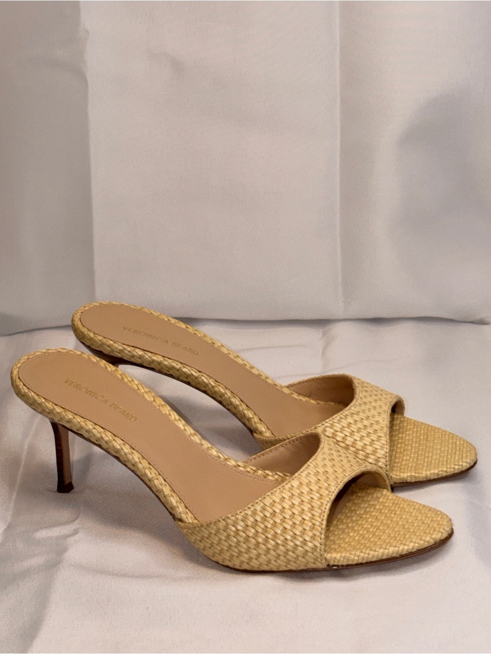 Veronica Beard Woven Yellow Open-Toe Mule Heels